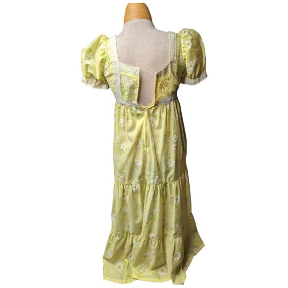 Vtg 1960s Pale Yellow Daisy Floral Dot Textured Puff Sleeve Maxi Prairie Dress 2 - Picture 4 of 5